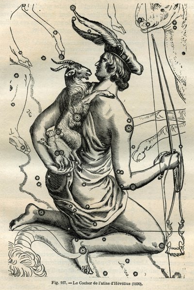 O treinador do Atlas de Hevelius (1690): A constelação do Treinador, que segura na mão direita um chicote e rende e no braço esquerdo o Chevre e dois chevrals, é um dos mais antigos da esfera grega. Gravura do "Les ét" de Camille Flammarion de Unbekannt