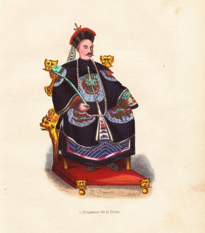 O Imperador da China com vestes bordadas e chapéu com penas de pavão, sentado no seu trono. Xilogravura colorida à mão de Mercier a partir de uma ilustração de Pannemaker da obra "Mores, Uses et Costumes de tous les Peuples du Monde" de Auguste Wahlen, Lib de Unbekannter Künstler