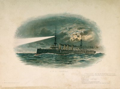 O HMS "Terrible", um cruzador de primeira classe, construído pela Barrow in Furness Shipbuilding and Arms Company em 1897. Cromolitografia no final do século XIX, por W.S. Tomkin (). de Unbekannter Künstler