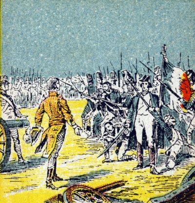 Os Cem Dias: A derrota de Napoleão I Bonaparte para Waterloo em 1815. Gravura no "Histoire de France". Série de imagens publicitárias publicadas em nome de Louit, 24 rue d