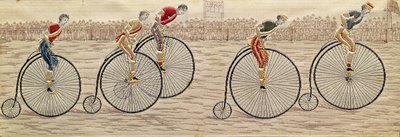 The Last Lap, Penny Farthing Race tecida em seda Stevengraph, por Thomas Stevens de Coventry de Unbekannter Künstler