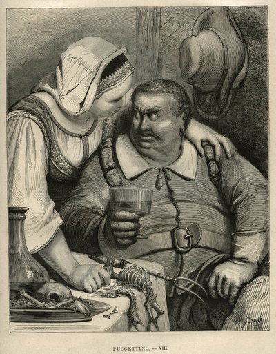 O Pequeno Pouket: o ogre e sua esposa depois de terminar a refeição. Gravura de Gustave Dore (1832-1883) de "Les contes" de Charles Perrault (1628-1703) de Unbekannt