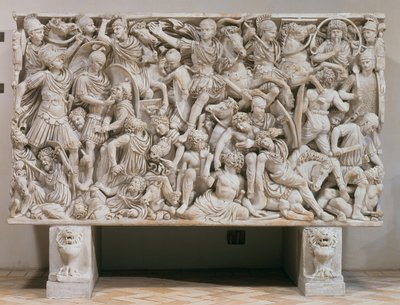 O sarcófago Ludovisi com representação em alto relevo dos romanos combatendo os bárbaros, 250-80 d.C. (mármore) de Unbekannt