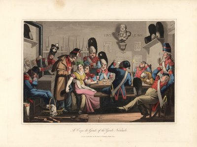Os guardas nacionais na Guarda, a beber com o cantineiro, o negociante de bebidas e a jogar às cartas, a fumar cachimbo, alguns a dormir - Eau forte segundo uma ilustração de Victor Auver, de Un tour por Paris, publicado por William Sams de Unbekannter Künstler