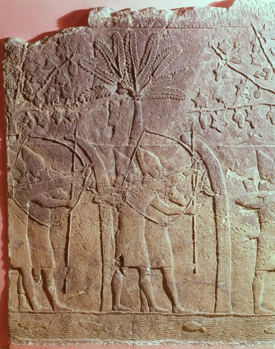 O Cerco de Alammu pelo exército de Sennacherib (704-681 AC) detalhe de um painel do Palácio Sudoeste de Nineveh, c.700 AC (gypsum) (ver também 85705) de Unbekannt