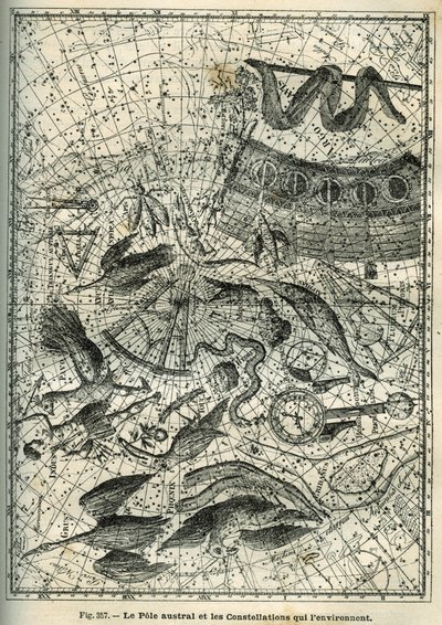 O Pólo Sul e as constelações circundantes: Entre as muitas constelações do Pólo Sul estão o Índico, a Fenix, a Brema, o Octante, o Relógio, a Bússola e o Navio. Gravura de “Les étoiles et les autres c” de Camille Flammarion de Unbekannter Künstler