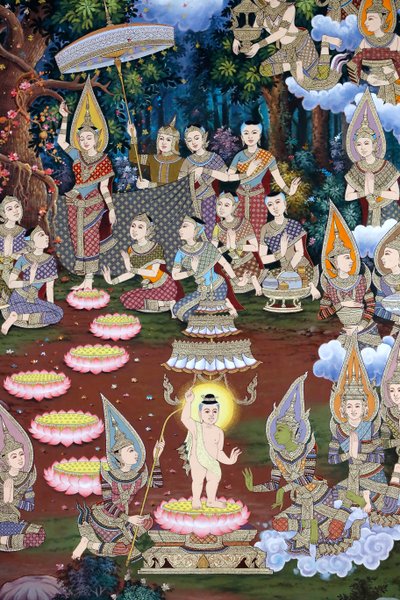 O nascimento do bebé Siddhartha, fresco de parede, mosteiro Wat Maniratanaram, Phnom Penh, 2022 (foto) de Unbekannter Künstler