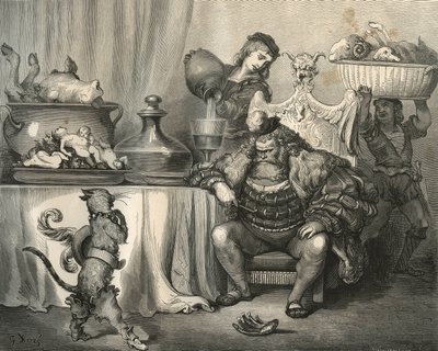 O gato das botas encontra o Ogre. Gravura de Gustave Dore (1832-1883) de "Les contes" de Charles Perrault (1628-1703) de Unbekannt