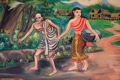 No dia anterior. Reunião com o aldeão. O caminho do esclarecimento. A vida de Buda. Obras de arte de tecto que retratam a vida de Buda. Wat Inpeng. Ventiana. Laos, 20151029, Vientiane, Laos de Unbekannt