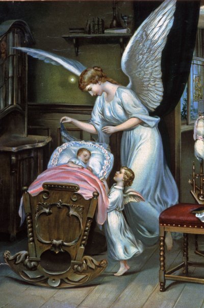 O anjo da guarda a olhar pelo recém-nascido, finais do século XIX (ilustração) de Unbekannter Künstler