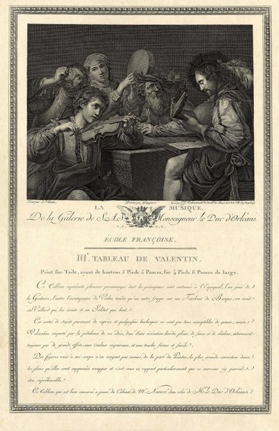 A música. Gravura da galeria de Sua Excelência o Duque de Orleães segundo um quadro do pintor Le Valentin. de Unbekannter Künstler
