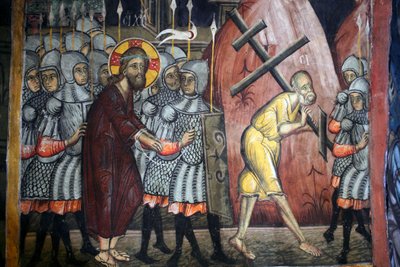 A paixão de Cristo Simão é carregar a cruz Bizantino fresco do mosteiro de Agios Ioannis Lampadistis, São João Lampadistis Século XI Chipre Igrejas pintadas UNESCO site Troodos, Chipre de Unbekannt