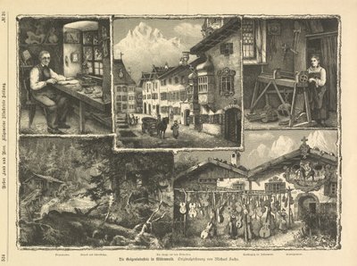 A indústria do violino em Mittenwald, Stuttgart 1882 (gravura) de Unbekannter Künstler
