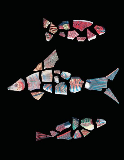Três incrustações de peixes fragmentadas em mosaico, período ptolomaico-romano, século 1 aC - século 3 dC de Unbekannt