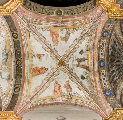 Transept sul do terceiro span oeste, Isaac pede a Exhaù para trazer-lhe caça, Rebecca veste Jacob com roupas de Exhaù, Jacob confundido com Exhaù dá comida a Isaac, Esaac retorna com caça, Catedral de Santa Maria Assunta, Duomo, Cremona, Lombardia, Itália  de Unbekannt