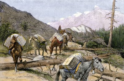 Transporte de mantimentos e peles a cavalo nas Montanhas Rochosas, EUA. De uma ilustração de Frederic Remington. Comboio de carga que transporta mantimentos ou peles nas Montanhas Rochosas de Unbekannter Künstler