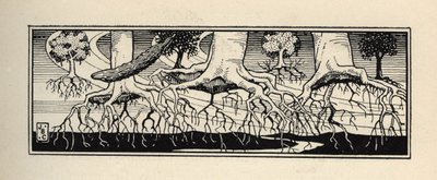 As árvores deracinas por uma tempestade replantam suas raízes até o local exato onde estavam. Ilustração de William Strang (1859-1921) e JB Clark de "The Adventures of the Baron of Munchausen (Munchhausen)" de Rudolf Erich Raspe (1736-1794) (1789) de Unbekannt