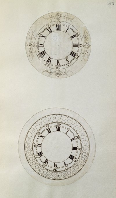 Dois desenhos para mostradores grandes de relógios de esmalte, a partir de notas mecânicas e desenhos compilados por John Harrison (1693-1776) e seu filho William (c.1726-72) (caneta e tinta sobre papel) de Unbekannt