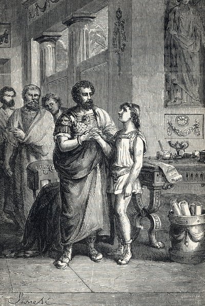 O imperador romano Valentin II reconhecido pelo Graciano (375). 1888 (Gravura) de Unbekannter Künstler