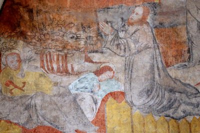 A igreja Vault de Lugny. Pintura mural do século XVI. Cristo na sua paixão. Gethsemane, Jesus reza, enquanto isso, os discípulos descansam. FranÃ§a Â de Unbekannt