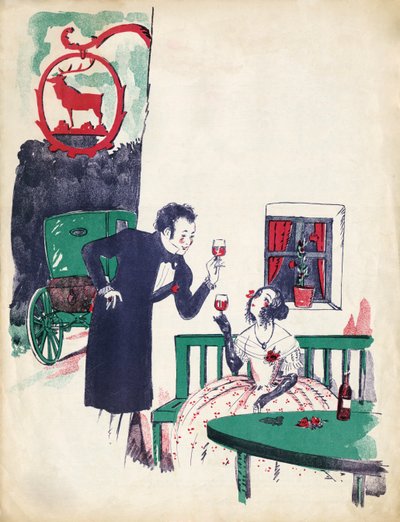 Romance vienense - casal do início do século XIX a beber vinho tinto e a brindar no "Red Deer de Unbekannter Künstler