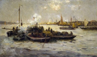 Vista de Limehouse, Inglaterra, com uma descrição da industrialização do Tamisa no final da era vitoriana (fim do século XIX) e de rebocadores, cortadores e barcaças; em segundo plano, a Torre Branca de São Jorge de Unbekannter Künstler