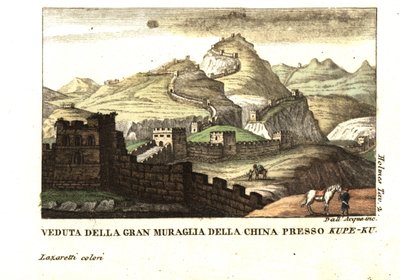 Vista da Grande Muralha da China perto de Kou-Pee-Keow, na passagem entre a China e a Tartária Oriental. De Samuel Holmes (séc. XVIII-XIX) Journal of a Voyage to China and Tartary (Diário de uma viagem à China e à Tartária). Gravura em talhe-doce de dell