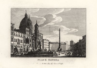 Vista da Piazza Navona, com a fonte, obelisco egípcio e igreja de Sant
