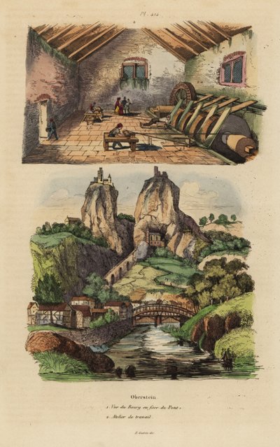Vista da cidade, da ponte e da igreja do cravo em Oberstein 1, e vista do moinho de polimento de pedra ágata e jaspe 2 de Unbekannt