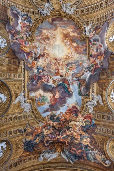 Vista da abóbada da nave com "O Triunfo em Nome de Jesus", Igreja do Gesù, Roma, Itália (foto) de Unbekannter Künstler