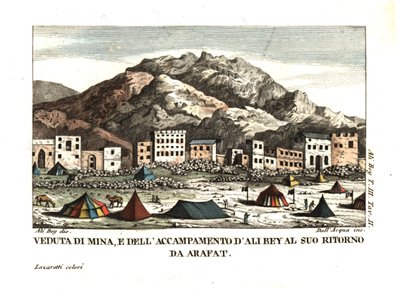 Vista da aldeia de Mina, no deserto de Arafat (Cidade das Tendas, Meca, Arábia Saudita). Ilustração de Ali Bey el Abbassi das suas Viagens a Marrocos, Tripoli, Chipre, Egipto, Arábia, Síria e Turquia, Londres 1816. Gravura em talhe-doce feita à mão por del de Unbekannter Künstler