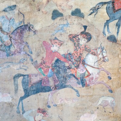 Pinturas murais no portal Qeysarieh, praça Naqsh-e Jahan Imam, Esfahan, Irão (fresco) de Unbekannter Künstler