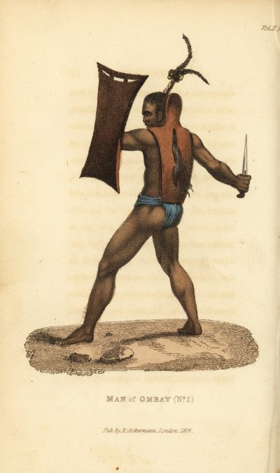 Guerreiro de Ombai com armadura, escudo e kris. Usa o cabelo atado numa pluma. Homem da ilha de Ombai (Ombay), Indonésia. Gravura em chapa de cobre colorida à mão, segundo uma ilustração de Jacques Arago da obra O Mundo em Miniatura, de Frederic Shoberl: T de Unbekannter Künstler