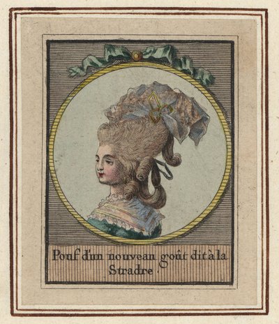 Mulher num novo estilo de pufe chamado Stradre. Puff com um novo gosto chamado Stradre. Gravura em chapa de cobre colorida à mão, de artista desconhecido, de um Álbum de Penteados da Moda de 1783, Suite des Coeffures a la Mode en 1783, Enauts et Rapilly, P de Unbekannter Künstler