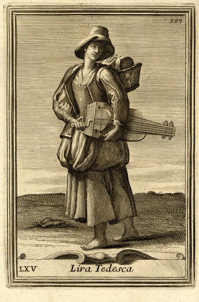 Mulher a tocar a roda velha (ou "Lira tedesca" ou "ghironda"). No "Gabinetto Armonico" de Filippo Bonanni, Roma de Unbekannter Künstler
