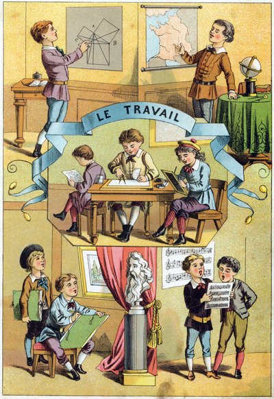 Trabalho na sala de aula. Gravura no "Alfabeto dos petits ecoliers". Imaging of Epinal, cerca de 1885. Coleção Privee de Unbekannt