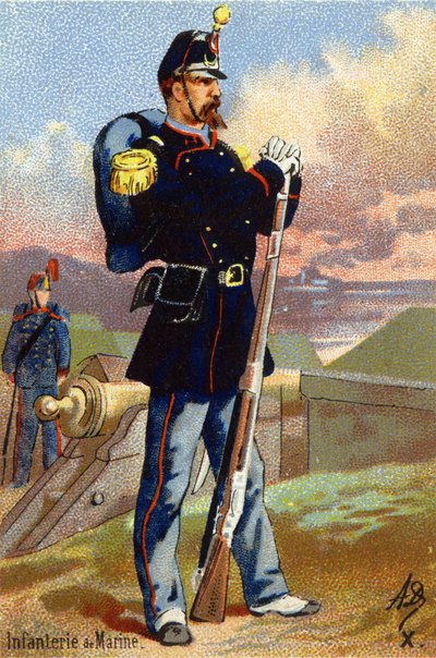 X: Infantaria da Marinha. Gravura em "Alfabeto Militar" . As iniciais do ilustrador: A. D. Editora desconhecida. Cromolitógrafos do final do século XIX. Dim: 10,5x7cm . de Unbekannt