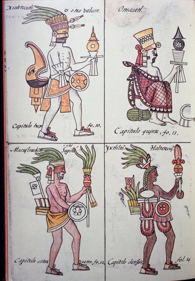 Xiuhtecuhtli, Omacatl, Macuilxochitl, Ixtlilton, Página do Códice Florentino, Versão em espanhol e Nahuatl, História Geral das Coisas da Nova Espanha (Historia general de las cosas de Nueva Espana), Asteca de Benjamin Baud