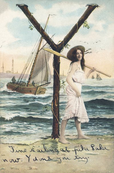 Y : Uma mulher descalça, com um vestido sem mangas curtas, segura um remo no seu ombro esquerdo. Decoração marinha - Alfabeto caracteres Ref Th. E., L. Theochrom - Serie 994. Theodor Eisman, editor, Leipzig de Unbekannt