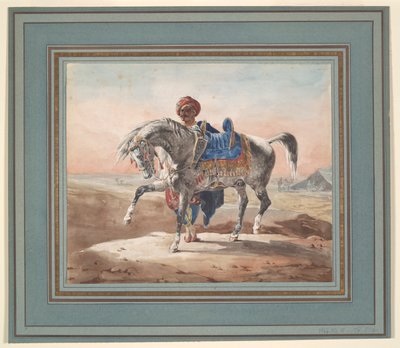 Árabe em pé ao lado de um cavalo de Unknown