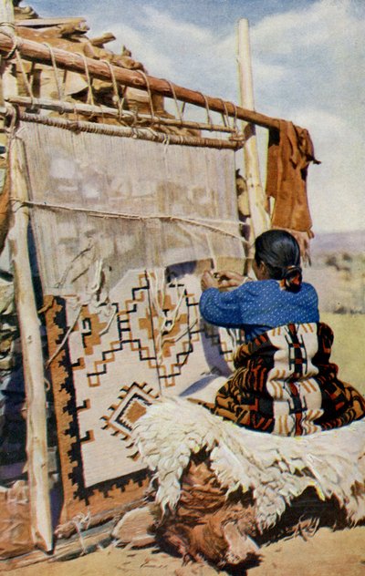 Arizona. No coração do deserto do Arizona, cobertores Navaho são tecidos, sua beleza e utilidade atraem muitos clientes. 1920 de Unknown