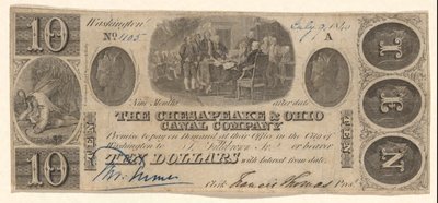 Nota bancária por $10 emitida pela The Chesapeake and Ohio Company com prova de vinheta da Trumbull de Unknown