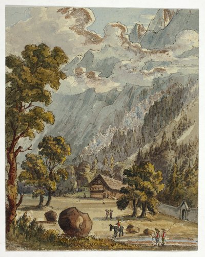 Chalé e jardim sob os Alpes (frente); Aldeia e glaciar de Boissons, Chamix (verso) de Unknown