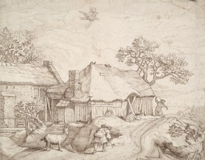 Edifícios agrícolas com camponeses, uma cabra e o rapto de Ganimedes de Unknown