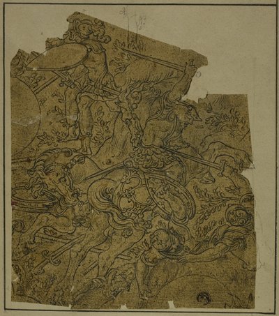 Fragmento: Guerreiros armados a cavalo lutando contra soldados de infantaria de Unknown