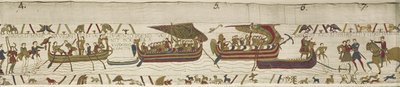 Harold atravessa o Canal para o território de Guy, Conde de Ponthieu, onde é capturado, tapeçaria de Bayeux (bordados de lã sobre linho) de Unknown