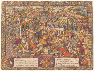 Jerusalem est Prize & brulee, le Roy Sedecias a les yeux crevez. Et Jeremie est mene en Babilone. (Jerusalém é tomada e queimada; o rei Seleucis tem seus olhos arrancados. E Jeremias é levado para a Babilônia. Jeremias 39-43), não. 6, A História de Jeremia de Unknown