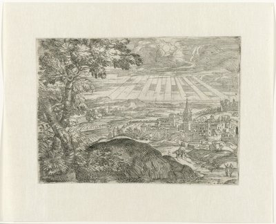Paisagem com vista para a cidade e sol radiante de Unknown