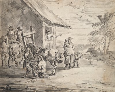 Homens ferrando um cavalo fora de um Country Inn de Unknown