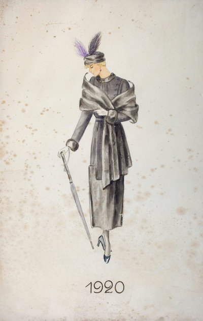 Modelo usando um casaco e um chapéu com penas, carregando um guarda-chuva, 1920 de Unknown